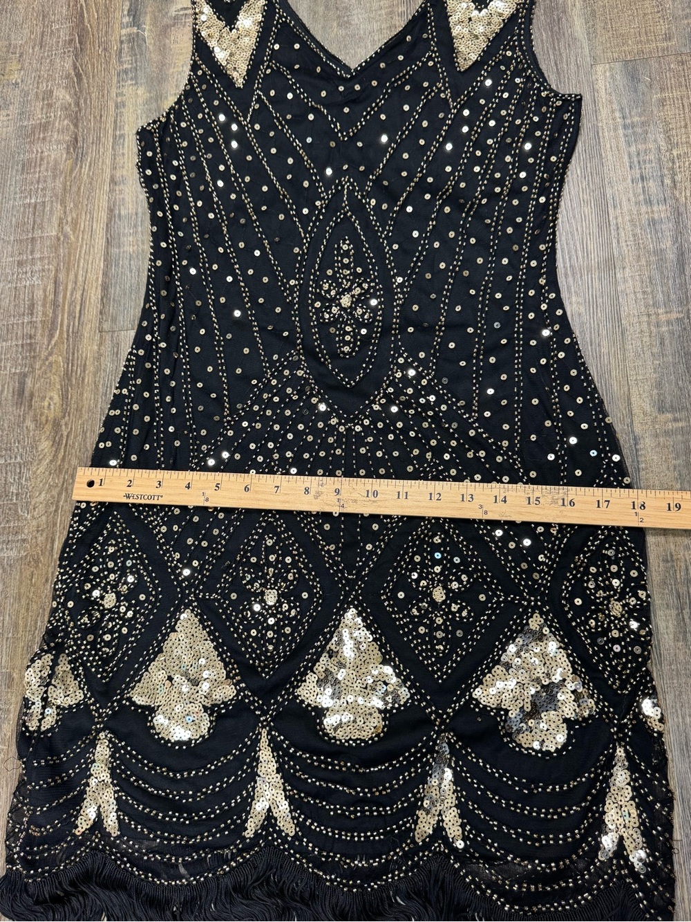 Black & Gold Beaded Fringe Evening Dress M - Picture 8 of 16